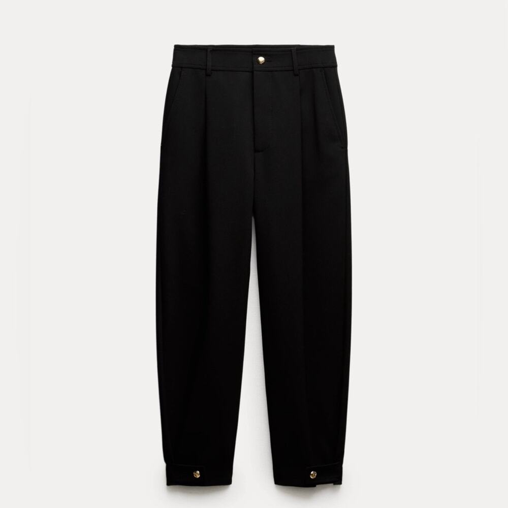 Zara Black Pleated Ankle Trouser, Gold Button on Cuffed Ankle, Size XS, NWT